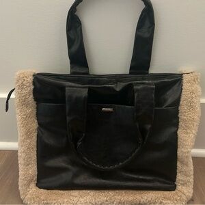 Vince Camuto Black Leather Tote with Sherpa Trim